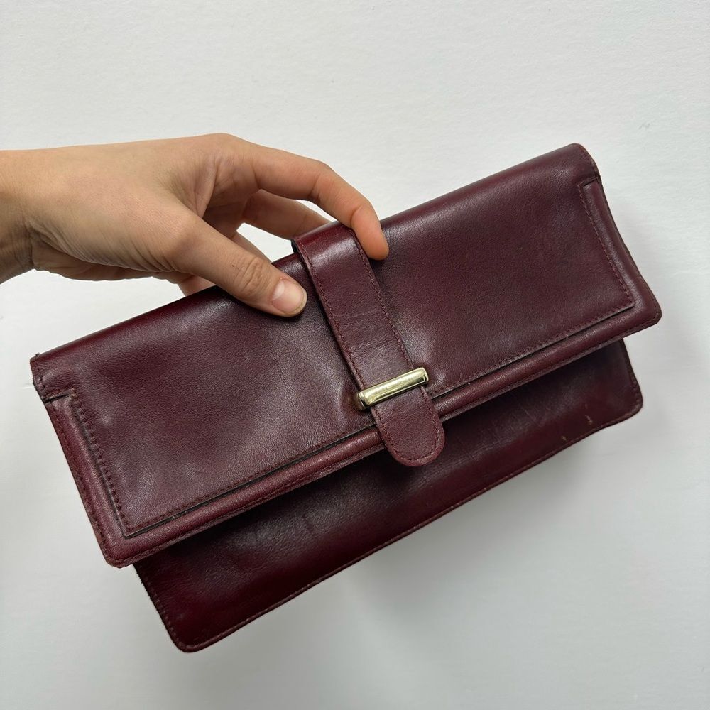 Vintage 70’s Burgundy Brown Leather Clutch Wallet Purse Rectangle Snap Closure